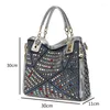 Bolsos de hombro Moda Denim Rivet Tote For Women 2024 Colorido Rhinestones Bolsos de mano Zipe Gran capacidad de ocio Dama