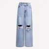 Damen Mode Mode Distressed High Tailled Wide Leg Hosen Casual Jeanshose Denim Hosen