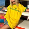 夏の女性ブラジル刺繍黄色のTシャツカジュアルルーズミディアムと長袖Y2K衣類