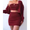 Two Piece Dress Women Knitted 3 Pieces Sets Long Sleeve Cardigan Sweater Strapless Crop Top High Waist Bodycon Skirt Drop Delivery App Otyuo