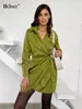Casual Dresses Bclout Fashion Green Satin Dress Women 2024 Spring Ruched Long Sleeve Party Lace-Up Elegant Black Thin A-Line Mini