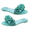 Hausschuhe Damen Elegante Blumen Applikationen Gleitsandalen Sommerrunde Zehen Flach Heel PVC Gelee Outdoor Strandschuhe