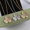 Designer Brand Van Three Leaf Flower Necklace 925 Sterling Silver مطلي مع 18 ألف ذهبية مرصعة بالألماس بتلات كاملة بتلات قلادة