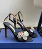 Роскошные дизайнерские мужчины Crystal aquazzura Margarita Sandals Shoes Floral-Embellisments Женщины шпильки на каблуках Lady Summer Luxury Walking Eu35-43 с коробкой