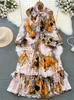 Robes décontractées printemps automne femmes léopard arc arc simple robe longue robe vintage lanterne manche haute