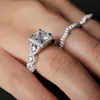 Solitaire Ring Potiy 3Pcs 925 Sterling Silver Halo Wedding Engagement Ring Set for Women 2.9ct Princess Cut 5A CZ Fashion Jewelry d240419