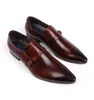 Sapatos de vestido masculinos pontudos de pãezinhos de couro genuíno elegante festa de casamento casual fivela marrom sapato oxford preto