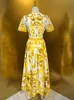 Fashion Yellow Pocelain Printing Dress Spring Summer Women 100% Cotton Vintage Vestidos Hight Street