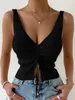 Summer Women Drawstring Front Ribbed Knit Topps Femme Sexig V Neck ärmlösa Crop Top Clothes High Stretch Split Croped Tank 240419