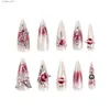 False Nails 24pcs Style Goth a punta lunga Premere su punte per unghie con design rosso design a rotazione completa Coppa per unghie artificiale indossabile per ragazze Y240419