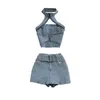 DEAT KVINNOR HALTER Rygglös Sexig denim Top Hig Midjeshorts Två stycken Set Temperament Fashion Spring Summer 2024 11D10231 240412