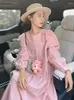 Casual Dresses Bow Splice Long Sleeve O-Neck Pink Dress for Women 2024 Spring Elegant Korean Style Loose A-Line Holiday 7651