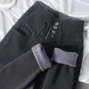 Jeans femininos 2024 Cantura de inverno Tampe capa de zíper da barriga vintage espessada calça alta de moda quente