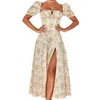 印刷されたフレンチヒップスタースタイルの花のバックレススリムフィットのノースリーブスプリットドレス女性のためのスプリットドレス