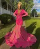 Party Dresses Fuchsia Pink Sparkly Long Sleeve Evening Formal For Black Girl Luxury Diamond Tassel African Prom Gala Gown Birthday