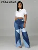 Frauen Jeans Frauen Mode lässige Vintage hohe Taille dünne, gerade Beinhosen gewaschen Denimhose Spleißen Damen Harajuku