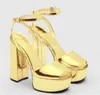 Elbise ayakkabılar büyüleyici altın gümüş patent deri tıknaz topuk sandallar gözetleme peep toe yüksek platform ayak bileği kayışları kalın düğün topuklu