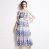 Casual jurken Franse romantische glamour blue kleur bloemen vrouwen strand sexy schouder van spaghetti band trapple sprookjesvestidos