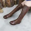 Stövlar careaymade-vinter äkta läder damer lång rund tå handgjorda fritidsplattform snidprocess zip bundna skor kvinnlig