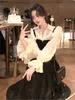 Women Korean Black Dress Set Lantern Sleeve Ruffles Shirt A-Line Strap Vestidos Suit Dancing Parties Outfits Autumn Clothes 240417