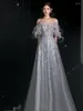 Runway Dresses Grayish Blue Evening Dress Off The Shoulder Sleeveless Feather Tassel Pearls Shiny Beading Boat Neck Wedding Party Prom Gowns