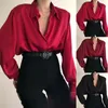 Mulheres Botões Bloups Turn Down Charts Office Lady Lady Manga Longa Casual Blusa Loose Ol Shirt Baggy Tops Redwine Red Black 240403