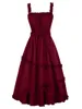 Casual Dresses Fashion Sling Off-Neck Wine Red Wooden Ear Fitted Waist Backless A- Line Slimming Dress Evening