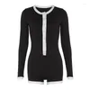 Women's Jumpsuits Contrast Panel Long Sleeve Button Fit Shorts Slim