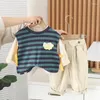 Giyim setleri çocuklar erkek bebek butik kıyafetleri 2024 bahar çizgili kolsuz yelek tişörtler pantolon toddler erkek kıyafetleri çocuk