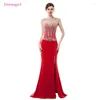 Party Dresses Real Po Red Evening Mermaid Cap Sleeves Chiffon Beaded Slit Backless Long Dubai Arabic Prom Dress Gown