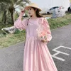 Casual Dresses Bow Splice Long Sleeve O-Neck Pink Dress for Women 2024 Spring Elegant Korean Style Loose A-Line Holiday 7651