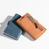 財布余分な薄い男性ジッパーカードホルダーウォレット100％本物のレザークレジットRFIDブロッキングIDカードケースメタルポップアップウォレット