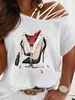 Women's T-Shirt Womens Wint Print Cut Out Shoulder Short Slve Slight Stretch T-shirtCasual Crew Neck Top Y240420