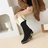 Boots Nubuck Leather Flat Retro Rider Low-Heeled Cow Suede Side Zipper Wool Women's With Stitching Warmth Knee