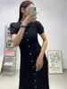 Ny elegant Sandro -midjeband Enkelt breasted Long Flip Collar Solid Color Dress