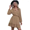 Casual Dresses Ruffle Edge Skirt Hem Waist Cinching Slimming Dress For Women's Solid Color V-neck Pullover Long Sleeved Black