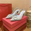 Luxury Fashion Design V Home Spring Summer New Baotou Diamond French After Empty Word Buckle Pointed Thin Sandals Women Apricot Grey Pointed Thin High Heel