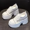 Casual Shoes Women Genuine Leather White Chunky Sneakers 11CM Platform Wedge Hidden Heel Height High Top Vulcanized