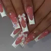 Valse nagels 24 stks lange kist valse nagels roze eenvoudige lijnen met strijkhuis Frans bierontwerp draagbare nep nagels druk op nagels tips kunst y240419k5sf