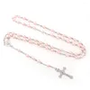 Pendant Necklaces Bridal Wedding Rosary Necklace Pink Imitation Pearl Cross Catholic Virgin Mary Commemorative Neck Chain