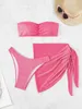 Swimwear femminile sexy Bandeau Bikini 2024 Donne Pleato rosa lucido Push Up Gonna a maglie da bagno da bagno da nuoto da bagno da bagno Coperchio alta vita