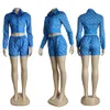 Femmes Casual Two Piece Shorts Set Set Designer Designer Shirt à manches longues et Bottom Set Blue Women Ship gratuit