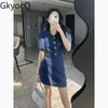 Work Dresses GkyocQ Korean Chic Women Two Piece Sets Outfit Navy O Neck Puff Sleeve Short Jacket High Waist A Line Mini Skirt Female