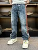 Designer jeans för män jeans mäns vår/sommar nya trendiga märke avancerade tryckta breda ben rak ben byxor trendiga vävda bälte lapptäckar mode byxor ff6533