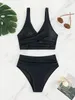 Summer Women V Neck Black Bikini Set High Taist Stracts Swimswear pour dossis 2 pièces de maillot de bain de plage de 2 pièces 240412