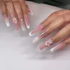 False Nails 24Pcs Pink False Nails Flower Long Coffin with Rhinestone Press on Wearable Square French Design Full Cover Fake Nail Tips Art Y240419NH76