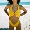 Women's Swimwear 2024 Summer Vrouwen One-piece Sexy Hollow Out Backless Badpak Nieuwe Aankomst Effen Kleur Halter Hoge Taille Beachwear