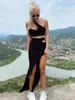 Sukienki robocze Modna przekątna kołnierzyk przycięty zbiornik Top High Talle Slit Mid Calf Dwa sztuki set Set Streetwear Pink Black Female Summer