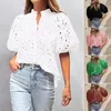 Women's Blouses Women Summer Blouse Casual V-neck Lantern Short Sleeve Shirt Solid Color Hollow Flower Pattern Pullover Tops Streetwear