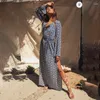 Casual jurken ayualin boho blauwe bloemenprint maxi dames vintage flare flare zijkant split sexy diep v nek herfst jurk rayon gewaad